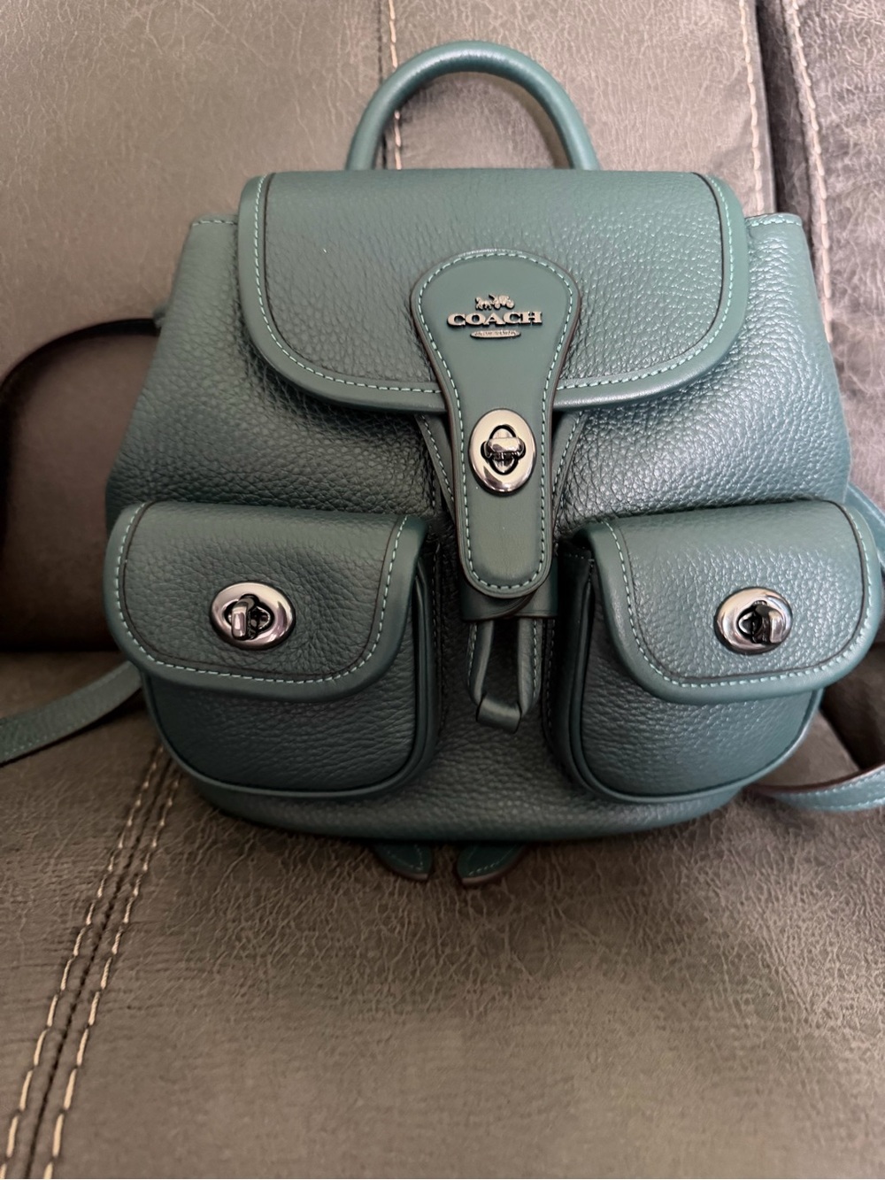 Coach Pebble Leather Mini Backpack in Teal Green